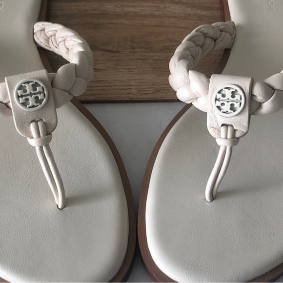 Tory Burch Ivory White Thong Braided Benton Sheep Plume Nappa Leather Sz.9 - Picture 7 of 16